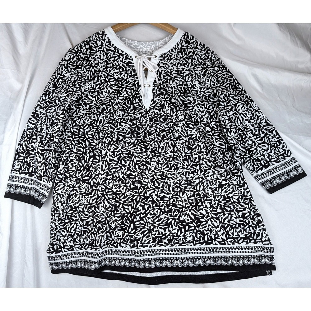 Appleseeds Petite PM Tunic Top Black White Abstract "Rice" Lace Up Cotton Blend